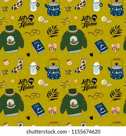 Hygge seamless pattern in vector. Cute illustration of autumn and winter hygge elements on gold background. Scandinavian trendy style