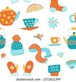 Hygge seamless pattern in vector. Cute illustration of autumn and winter hygge elements on white background. Scandinavian trendy style illustration of cup, scarf, pot,knitted hat.