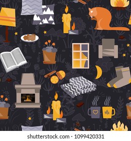 Hygge seamless pattern. Vector illustration with cozy home things like candles, socks, wrap, cocoa, fireplace. Danish living concept. Greeting card template