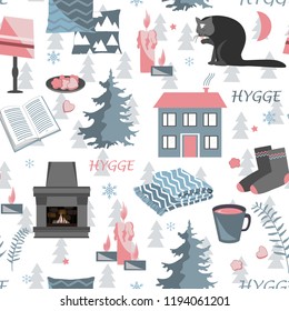 Hygge seamless pattern. Vector illustration with forest plants and cozy home things