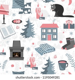 Hygge seamless pattern. Vector illustration with forest plants and cozy home things