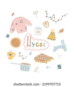 Hygge set. Drawn elements of the Danish concept of hygge. cozy home illustrations. Danish happiness.