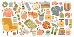 Hygge Set, Hand Drawn Vector, Scandinavian Doodle Sketchy Elements. Cozy Comfortable Lifestyle, Winter And Autumn Mood. 