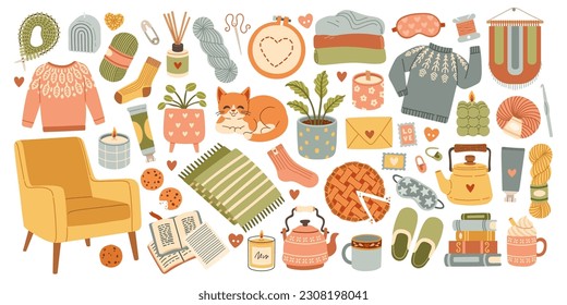 Hygge set, hand drawn vector, scandinavian doodle sketchy elements. Cozy comfortable lifestyle, winter and autumn mood. 