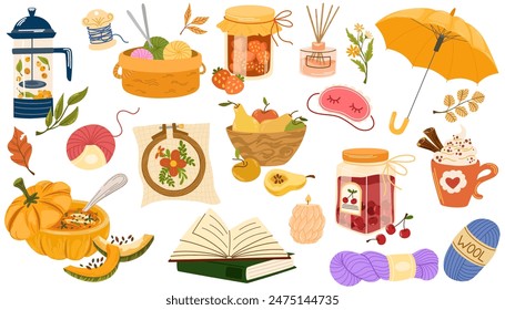 Hygge set, hand drawn vector, scandinavian doodle sketchy elements. Cozy comfortable lifestyle, winter and autumn mood. Vector illustration isolated on white background