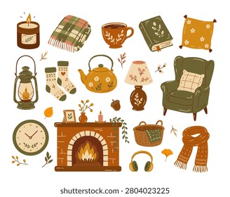 Hygge set, hand drawn vector fall elements in scandinavian doodle sketchy style. Cozy comfortable lifestyle, winter and autumn mood