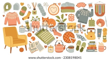 Hygge set, hand drawn vector, scandinavian doodle sketchy elements. Cozy comfortable lifestyle, winter and autumn mood. 