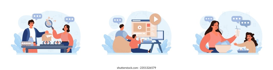 Hygge set. Happy people relaxing at home, family members leisure time. Slow lifestyle approach. Idea of coziness and comfort. Body and mind balance. Flat vector illustration