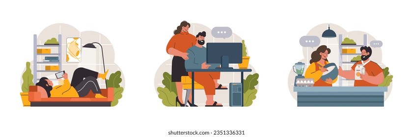 Hygge set. Happy people relaxing at home, family members leisure time. Slow lifestyle approach. Idea of coziness and comfort. Body and mind balance. Flat vector illustration