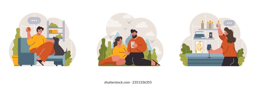 Hygge set. Happy people relaxing at home, family members leisure time. Slow lifestyle approach. Idea of coziness and comfort. Body and mind balance. Flat vector illustration