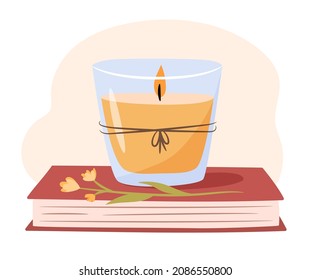 Hygge set of objects. Aroma therapy at home concept. Candle, tea cup, diffuser on a tray isolated on white background