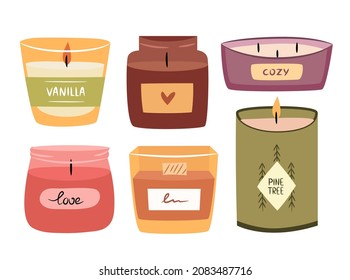 Hygge set of scented aroma candles in jar. Collection of cozy candles. Flat vector illustration.