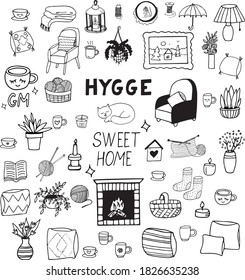 hygge set sketch icon, sticker, poster, card hand drawn vector doodle, scandinavian. cozy home, plants in pots and vases, armchairs, knitting, cat, socks, fireplace, candles, cups. single element for