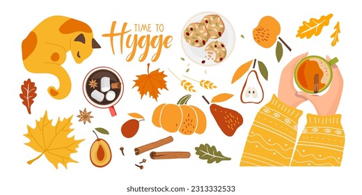 Hygge set. Time to Hygge text. Hands with hot spicy drink, cookies, red leaves. Autumn cute and cozy design element bundle. Autumn vector illustration for Fall mood poster, postcard, flyer template