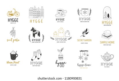 Hygge - Simple Life in Danish, collection of hand drawn elegant and clean logos, elements