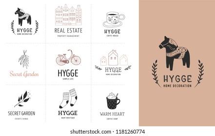 Hygge - Simple Life in Danish, collection of hand drawn elegant and clean logos, elements