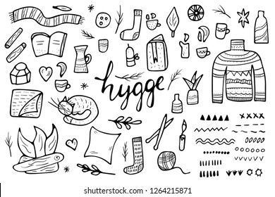 Hygge sketch concept. Vector isolated symbols of comfort in doodle style. Set of warm clothes and cozy elements black and white design.