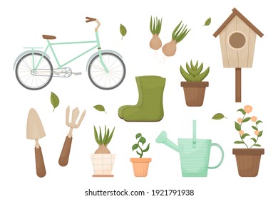 Hygge spring time gardening in Scandinavian style with tools, boots, birdhouse, bike and flowerpot isolated on white background. Textured objects in pastel trendy colours. Farming, cozy agricultural.