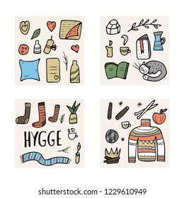 Hygge square cards. Vector isolated symbols of comfort. Danish living concept.