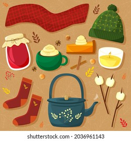 Hygge style autumn essentials set vector illustration. Scarf, hat, jam, pie, drink, candle, socks, kettle and marshmallow.