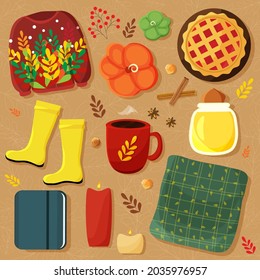 Hygge style Autumn essentials vector flat illustration knitwear, pie, rain boots, drink, notebook, plaid, honey, candles, pumpkins. 