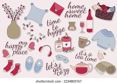 Hygge style. Cozy home element sticker colection