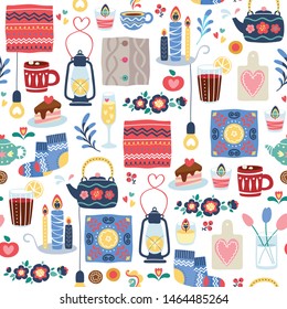 Hygge style decorations seamless background. Danish lifestyle cozy mood vector pattern.