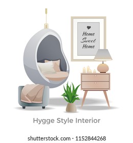 Hygge style interior design element with cozy reading nook plaid pillows candles lamp white background vector illustration 