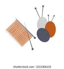 Hygge style knitting, knitting needles, yarn. A symbol of calmness and home relaxation. Vector illustration.