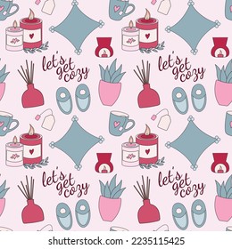 Hygge style seamless pattern with cosy home elements