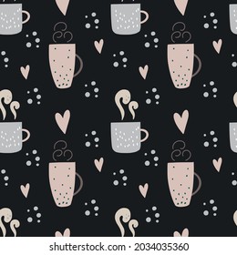 Hygge style seamless pattern with pretty cups of tea and coffee. Cozy vector illustration