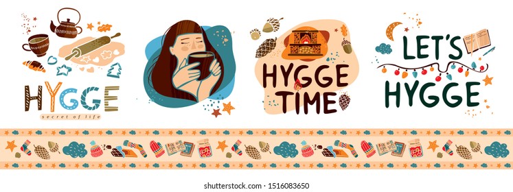 Hygge symbols and elements of the Scandinavian way of a happy life. Making invitations, posters, banners for parties in the Danish style. Printing on textiles for the kitchen. Vector illustration