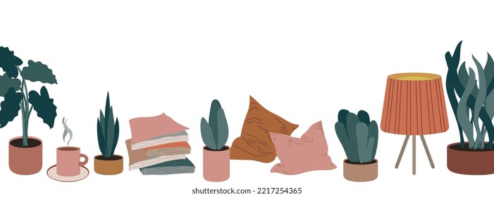Hyge-Zeit-Hintergrund, Vektorgrafik. Warme neutrale Skandinavienpalette. Innendekor, Hauspflanzen und Freizeitelemente einzeln auf Weiß. Flacher Cartoon-Stil.