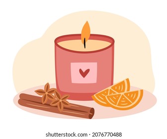 Hygge time. Cozy home composition with aroma candle, cinnamon, orange slices. Hand drawn flat vector illustration.