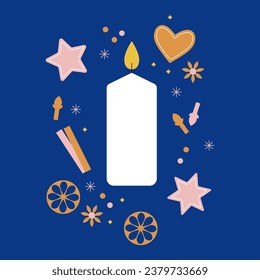 Hygge time. Cozy home concept  with aroma candle, cinnamon, orange slices. Scented candle. Flat trendy abstract style, isolated. Christmas vector illustration, winter greeting card, invitation.