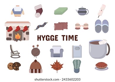 Hygge Time Flat Vector Ilustración Vinilo engomado Conjunto de materiales de diseño