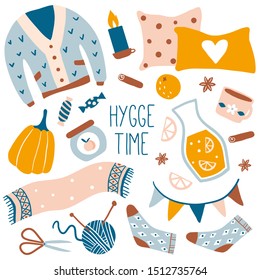 Hygge time. Illustration with cute things and objects for home interior, knitting, socks, candle, cacao. Flat style hand drawn elements isolated on white. Comfortable lifestyle. Autumn or winter mood