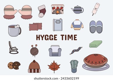 Hygge Time Lineal Color Vector Illustration Icon Sticker Set Design Materials