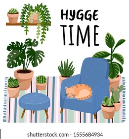Hygge time postcard. Cat on a stool in scandic stylish room interior. Home lagom decorations. Cozy season. Modern apartment furnished in hygge style