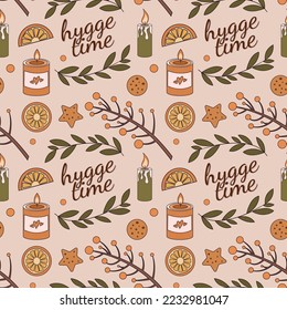 Hygge time seamless pattern with cozy elements