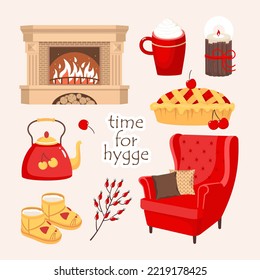 Hygge time set - fireplace, chair, pillows, teapot, warm slippers, apple pie, candle. Illustrated vector element.