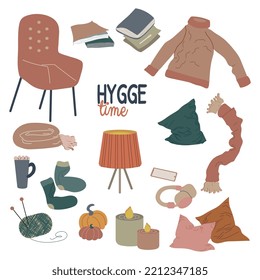 Ilustración vectorial de conjunto de tiempo de hidrógeno. Calurosa paleta escandinava neutra. Decoración del hogar y elementos del tiempo de ocio con texto. Estilo de caricatura plano. Todos los objetos están aislados