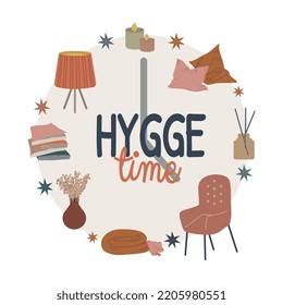 Hyge-Zeit-Vektorgrafik einzeln auf weißem Hintergrund. Stilvolle Wanduhr mit hausgemachter Einrichtung und Freizeitelementen. Cute-Karte in der neutralen skandinavischen Palette 