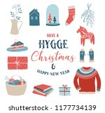 Hygge - translation from Danish: Scandinavian word for simple life, winter elements and concept design, Merry Christmas card, banner, background, vector illustration
