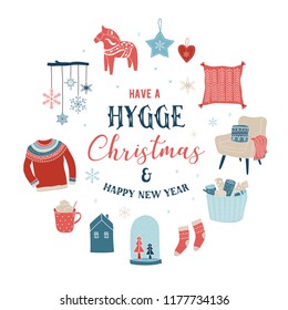 Hygge - translation from Danish: Scandinavian word for simple life, winter elements and concept design, Merry Christmas card, banner, background, vector illustration