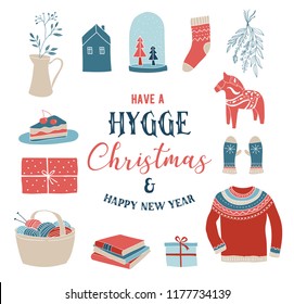 Hygge - Translation From Danish: Scandinavian Word For Simple Life, Winter Elements And Concept Design, Merry Christmas Card, Banner, Background, Vector Illustration