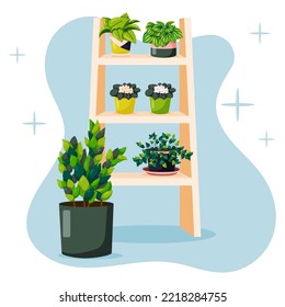 Hygge urban jungle, houseplants in the interior, vector illustration, shelf with green plants, houseplants shop decoration