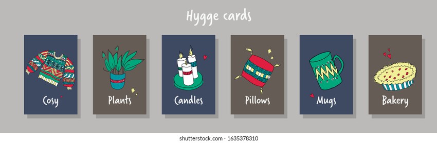 Hygge vector cards. Set of cute hand drawn hygge illustrations. Sweater, candles, flower, plant, pillow, mug, pie. Vector illustration.