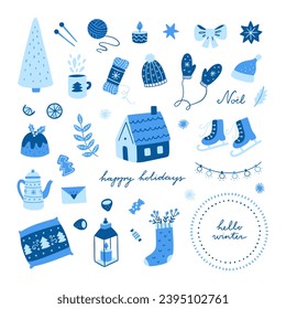 Hygge vector clipart. Winter cute illustrations. Christmas hand drawn set in blue colors