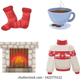 Hygge vector cozy home warm knitting sweater hot cup of coffee to relax in winter morning weekend illustration set of books pillows aroma candle for comfort mood isolated on white background